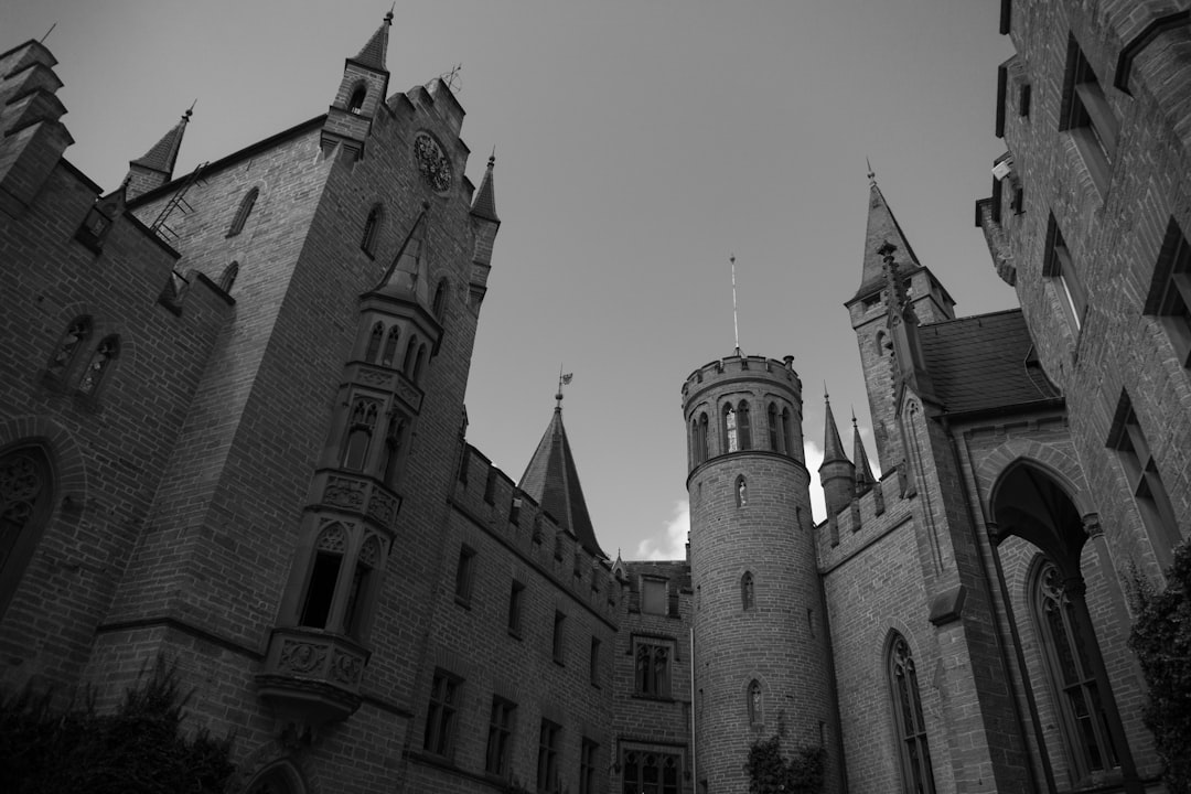a black and white photo of a castle